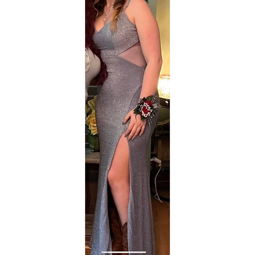 Light Blue Sparkle Prom Dress Formal Sz 10 V-neck Side Slit Maxi 90s Y2K Style